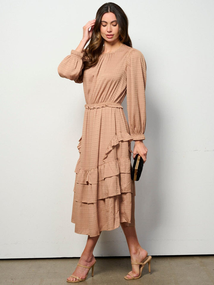 WOMEN'S LONG SLEEVE ELASTIC WAIST TIERED PRINTED MAXI DRESS