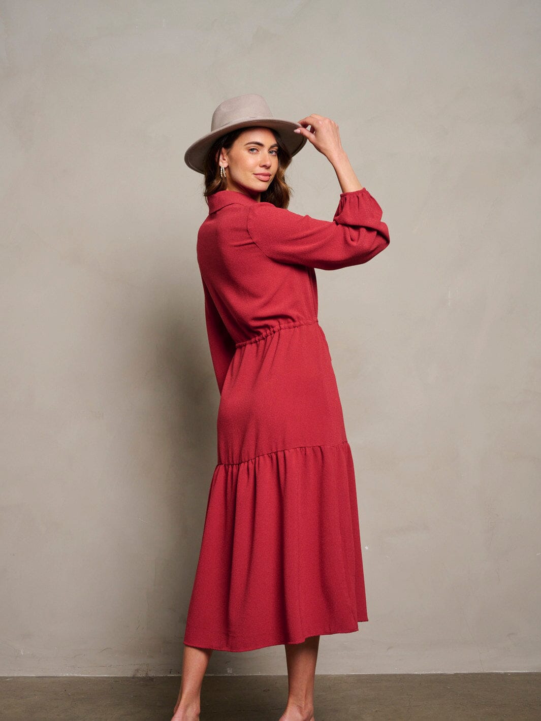 WOMEN'S LONG PUFF SLEEVE BUTTON UP MAXI DRESS