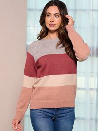 WOMEN'S LONG SLEEVE COLORBLOCK STRIPES PULLOVER SWEATER