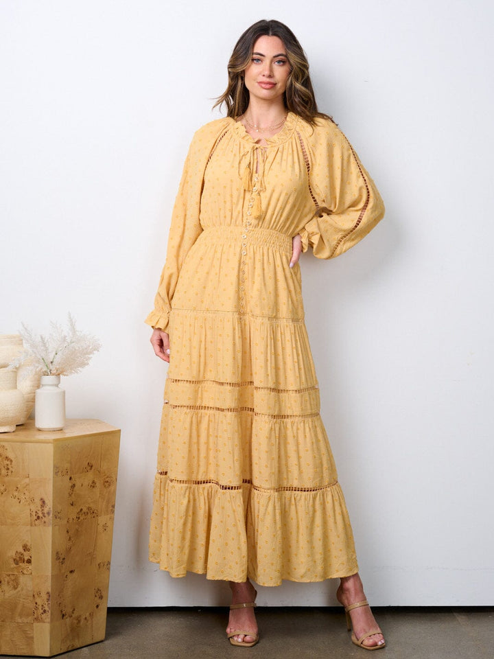 WOMEN'S LONG SLEEVE SMOCK WAIST SWISS DETAILED MAXI DRESS