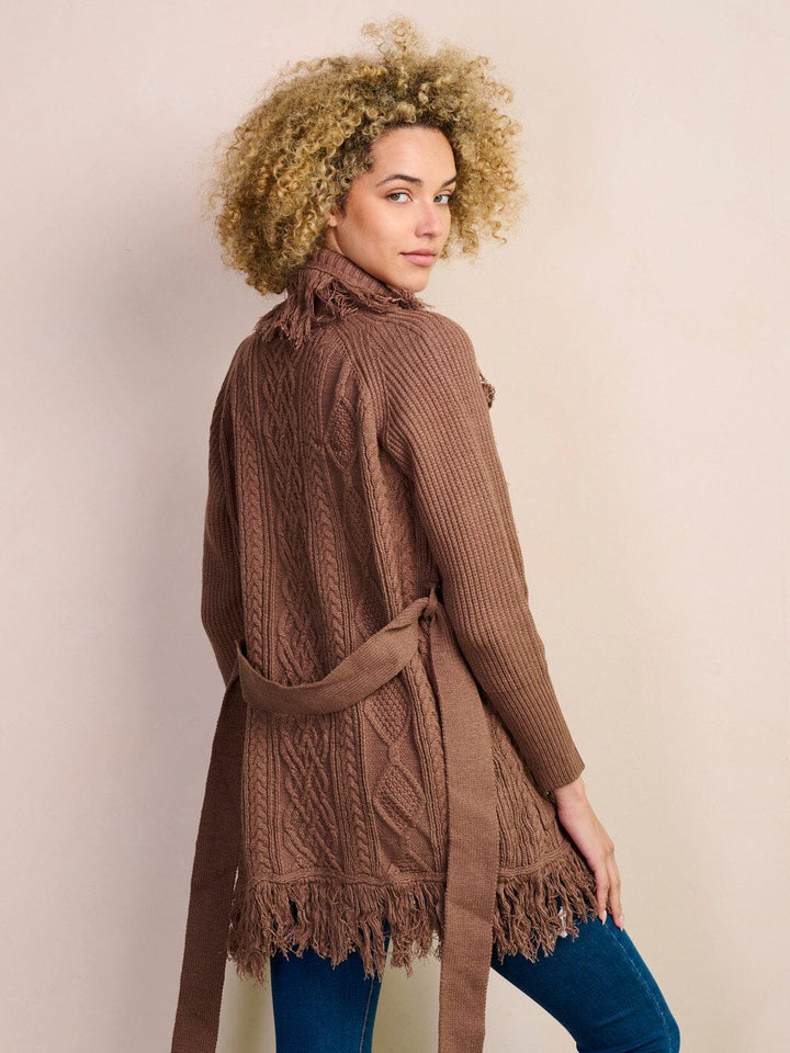 WOMEN'S LONG SLEEVE OPEN FRONT FRINGE POCKETS SELF TIE CARDIGAN