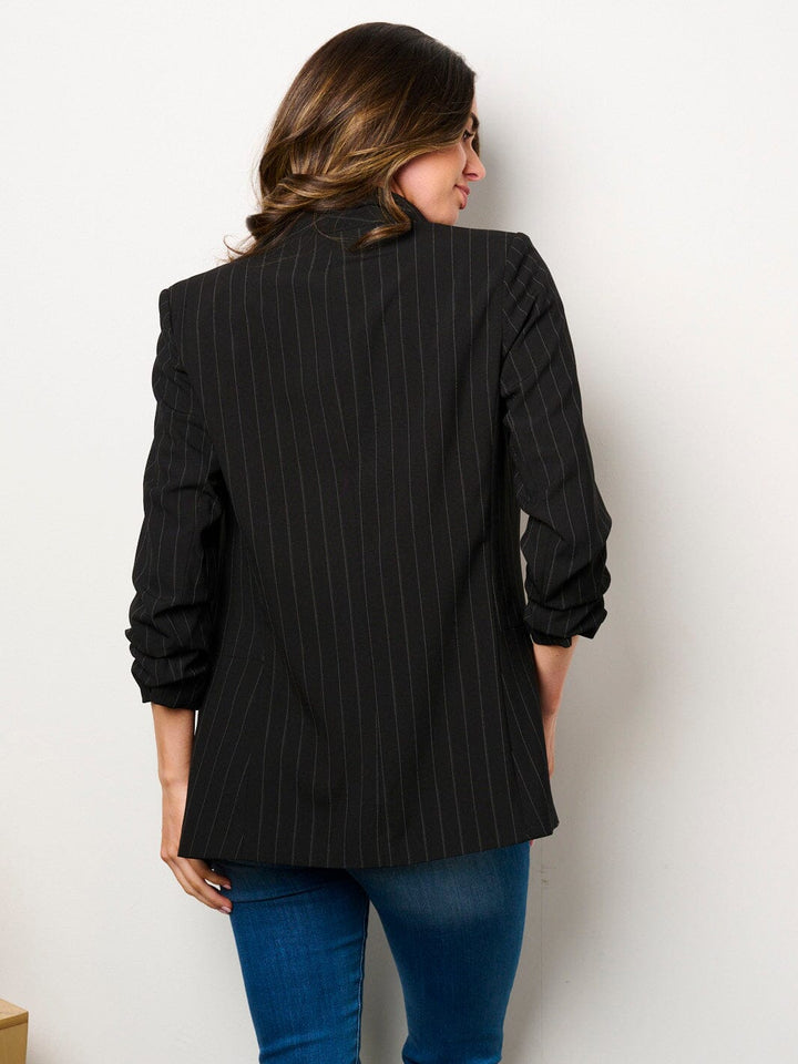 WOMEN'S 3/4 RUCHED SLEEVES OPEN FRONT POCKETS STRIPES BLAZER