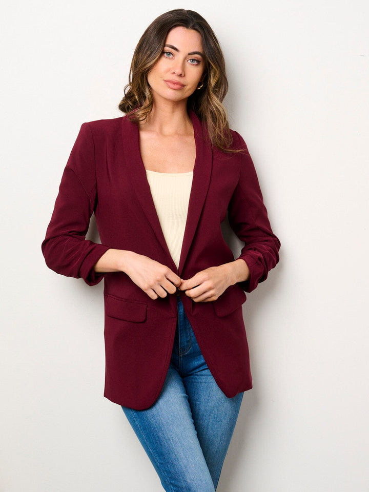 WOMEN'S 3/4 RUCHED SLEEVES OPEN FRONT POCKETS BLAZER
