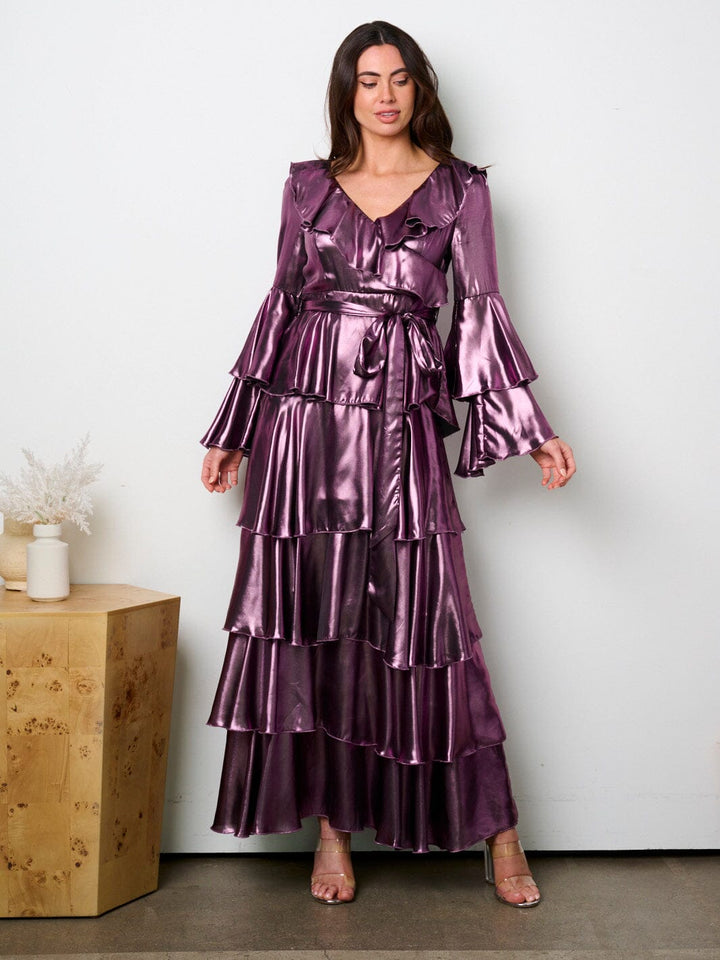 WOMEN'S LONG SLEEVE SURPLICE RUFFLE TIERED MAXI DRESS