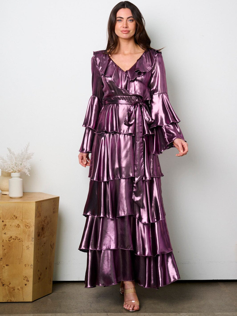 WOMEN'S LONG SLEEVE SURPLICE RUFFLE TIERED MAXI DRESS