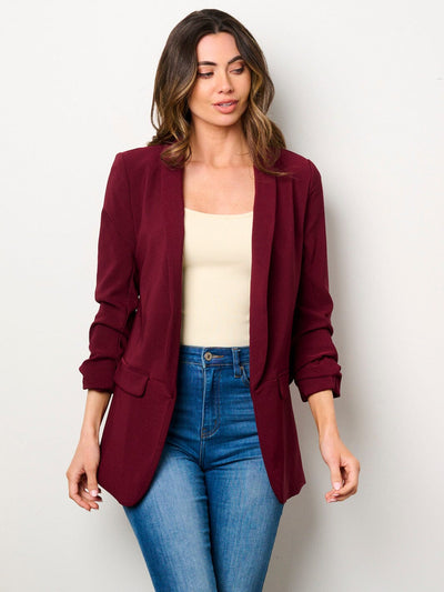 WOMEN'S 3/4 RUCHED SLEEVES OPEN FRONT POCKETS BLAZER