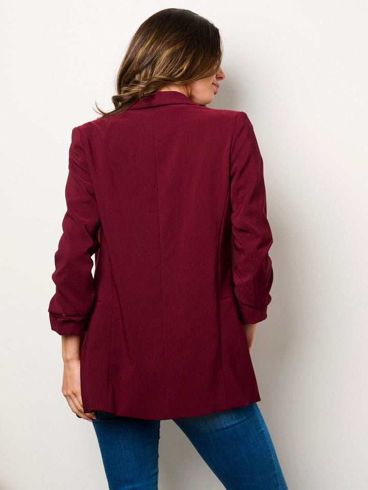 WOMEN'S 3/4 RUCHED SLEEVES OPEN FRONT POCKETS BLAZER