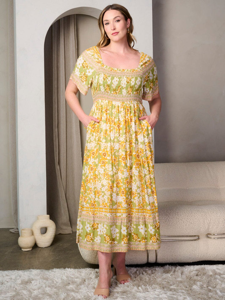 PLUS SIZE SHORT SLEEVE POCKETS SMOCK TIERED FLORAL MAXI DRESS