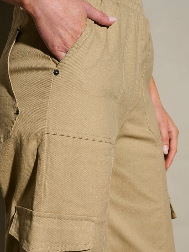 WOMEN'S ELASTIC WAIST CARGO POCKETS WIDE LEG PANTS