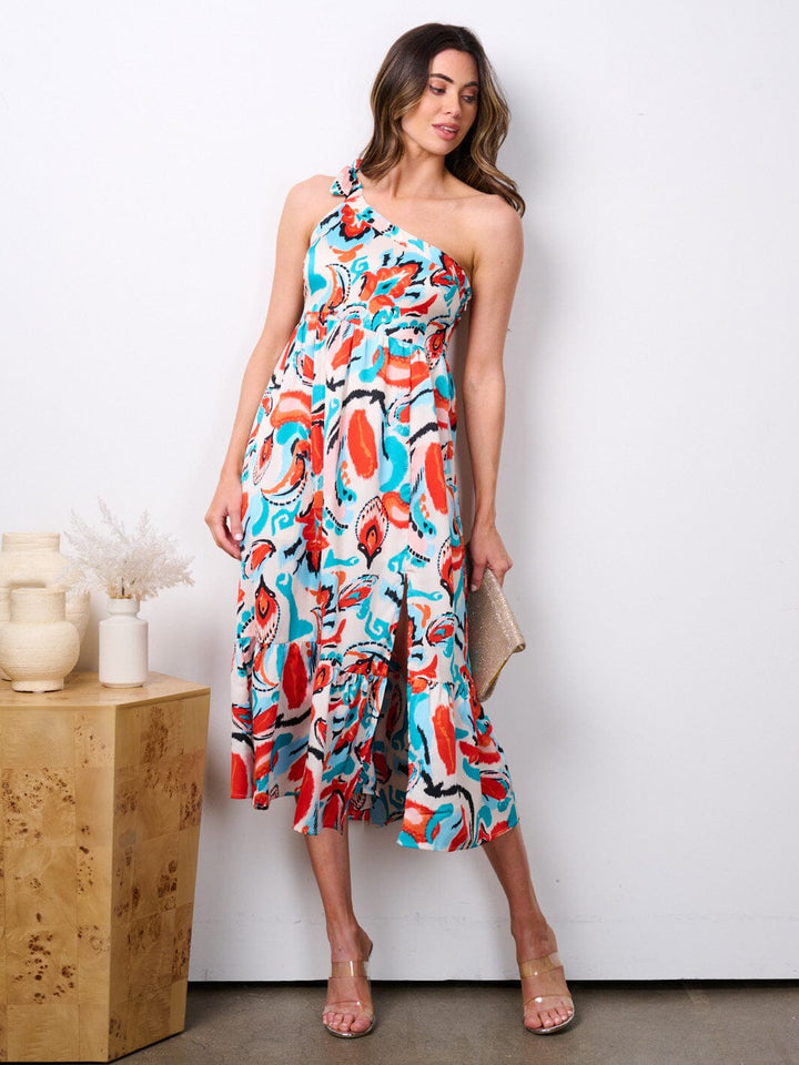 WOMEN'S ONE SHOULDER TIERED MULTI PRINT MIDI DRESS
