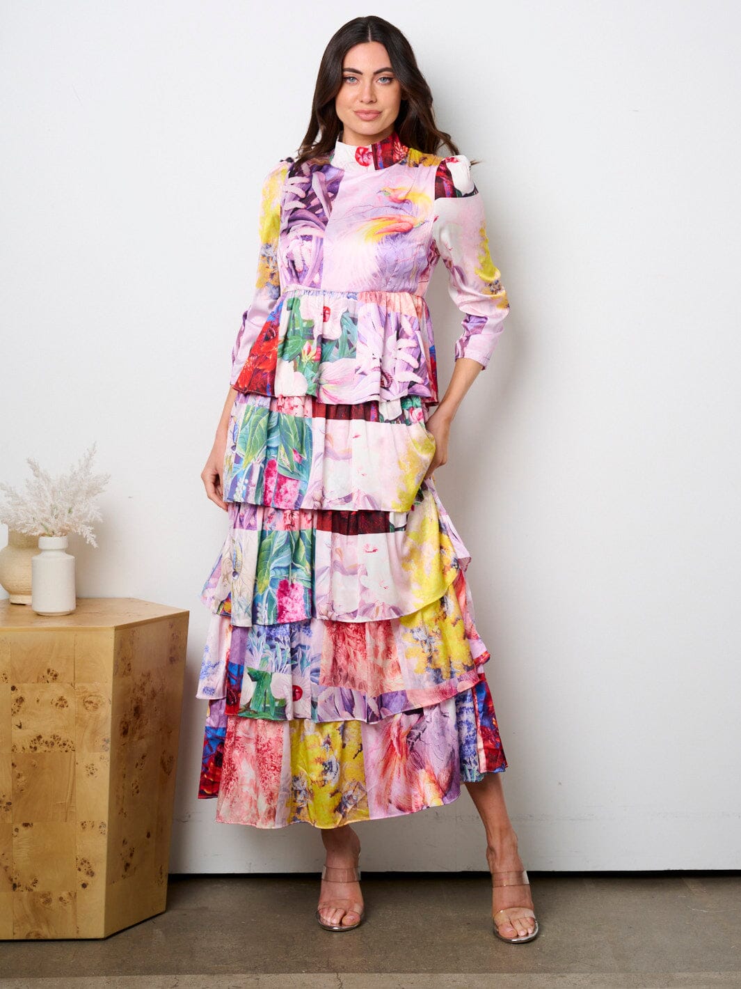 WOMEN'S 3/4 SLEEVE MOCK NECK TIERED MULTI PRINT MAXI DRESS