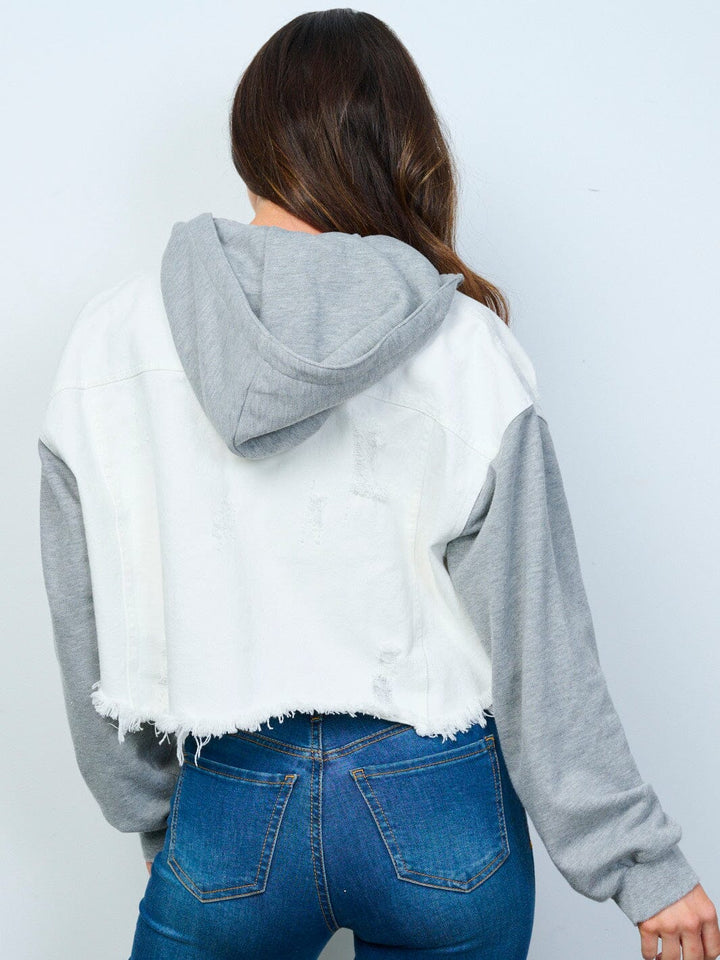 WOMEN'S LONG SLEEVE BUTTON CLOSURE FRONT POCKETS HOODED DENIM CONTRAST JACKET