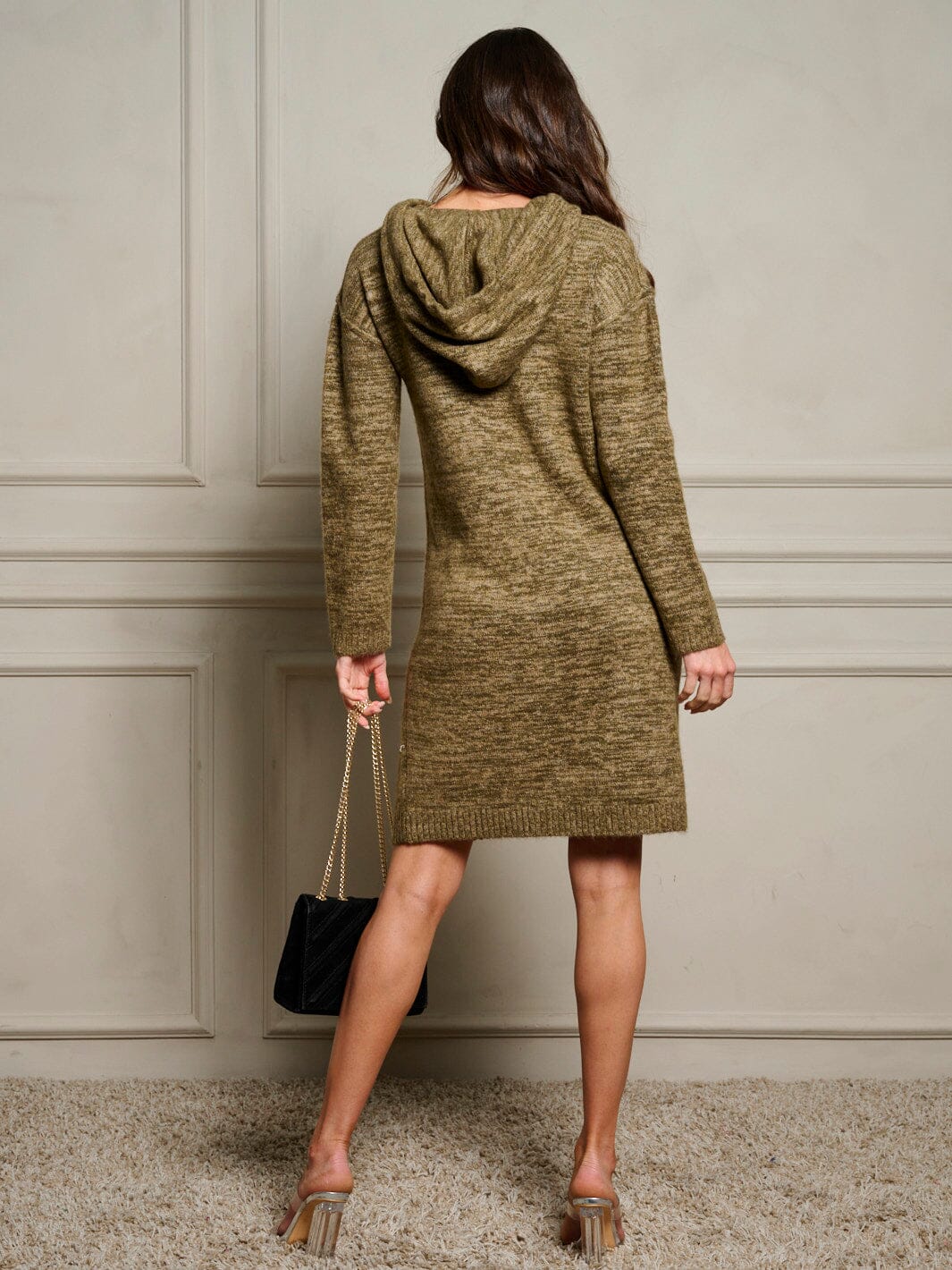 WOMEN'S LONG SLEEVE V-NECK HOODED SWEATER MINI DRESS