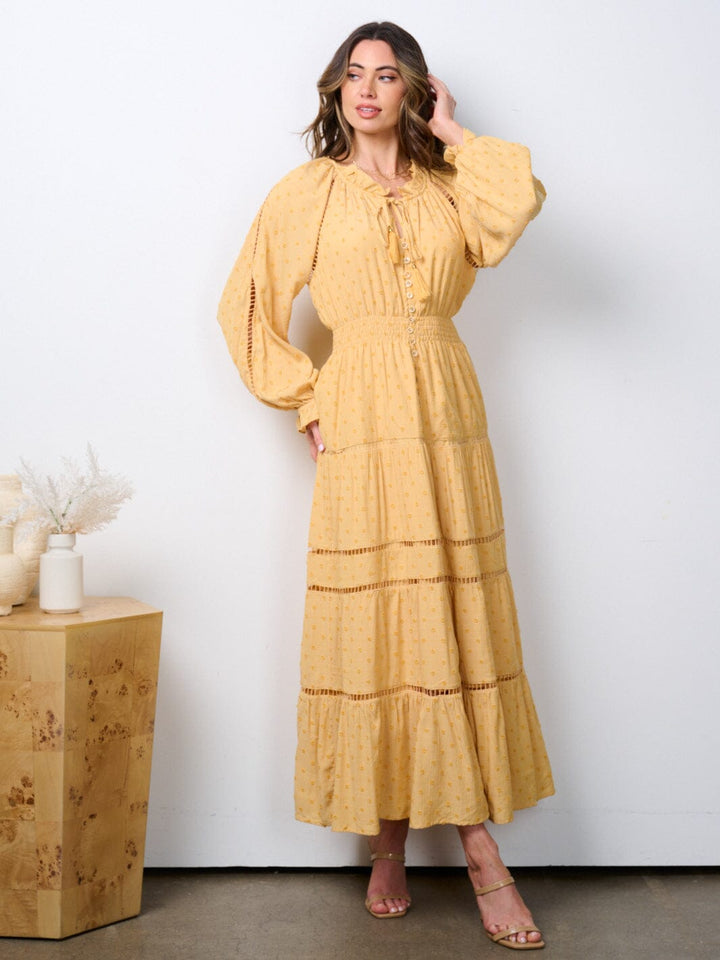 WOMEN'S LONG SLEEVE SMOCK WAIST SWISS DETAILED MAXI DRESS