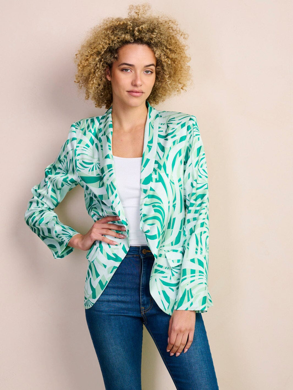 WOMEN'S LONG SLEEVE BUTTON CLOSURE LEAF PRINT BLAZER