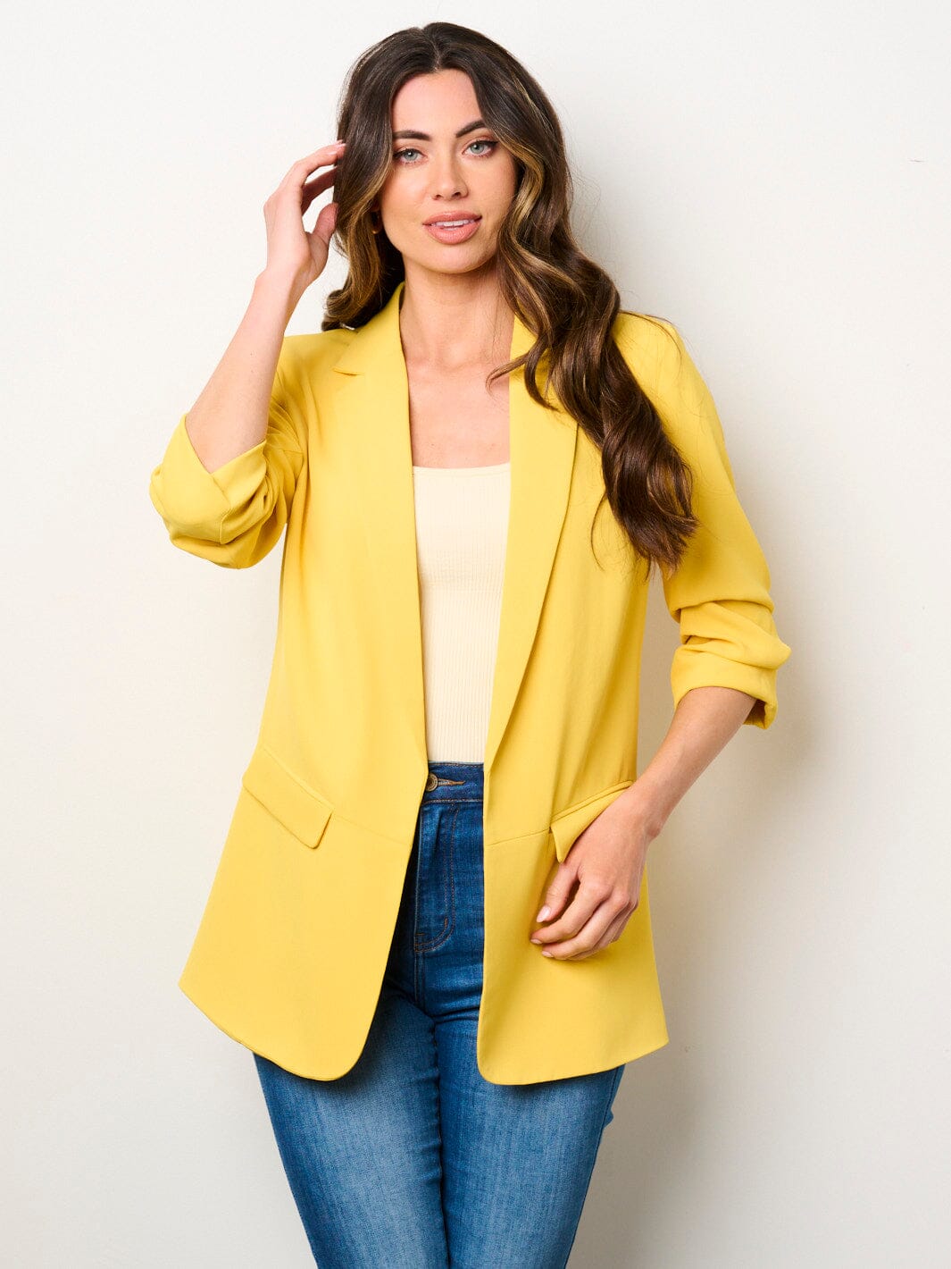 WOMEN'S 3/4 RUCHED SLEEVES OPEN FRONT POCKETS BLAZER