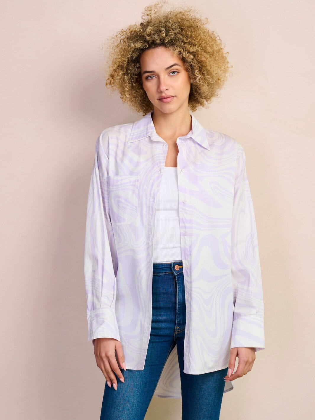 WOMEN'S LONG SLEEVE BUTTON UP OVERSIZED PRINT BLOUSE TOP
