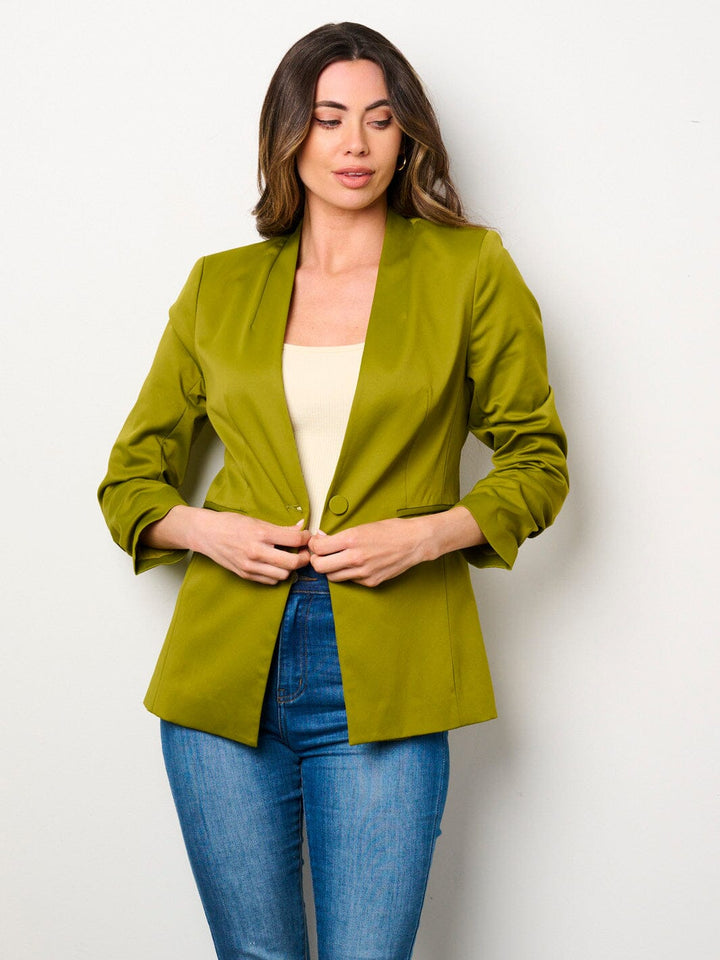 WOMEN'S 3/4 RUCHED SLEEVES BUTTON CLOSURE POCKETS BLAZER