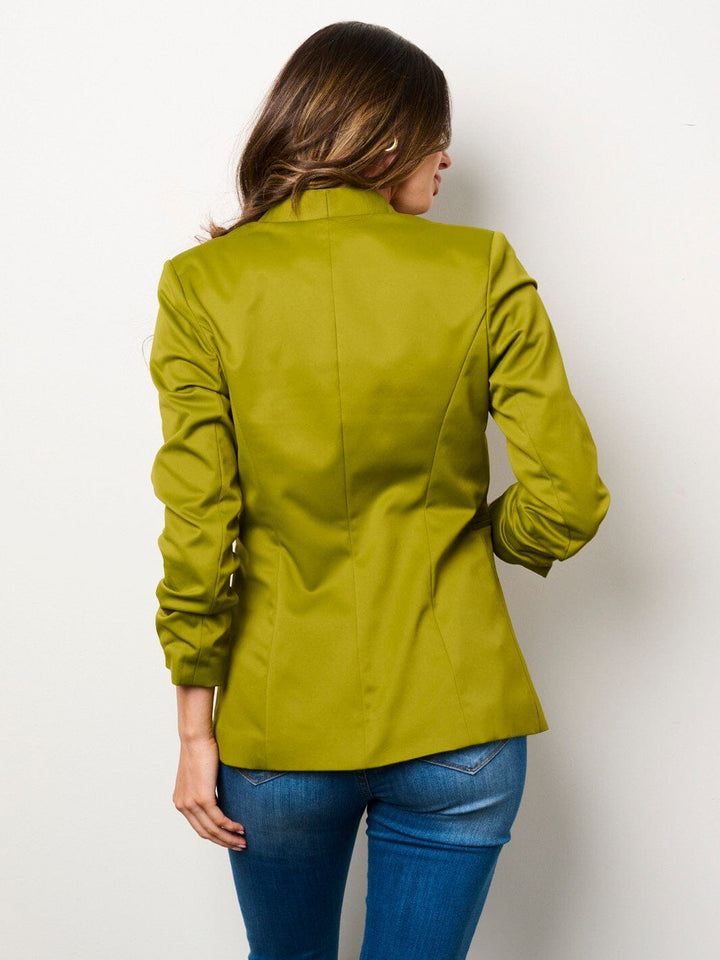 WOMEN'S 3/4 RUCHED SLEEVES BUTTON CLOSURE POCKETS BLAZER