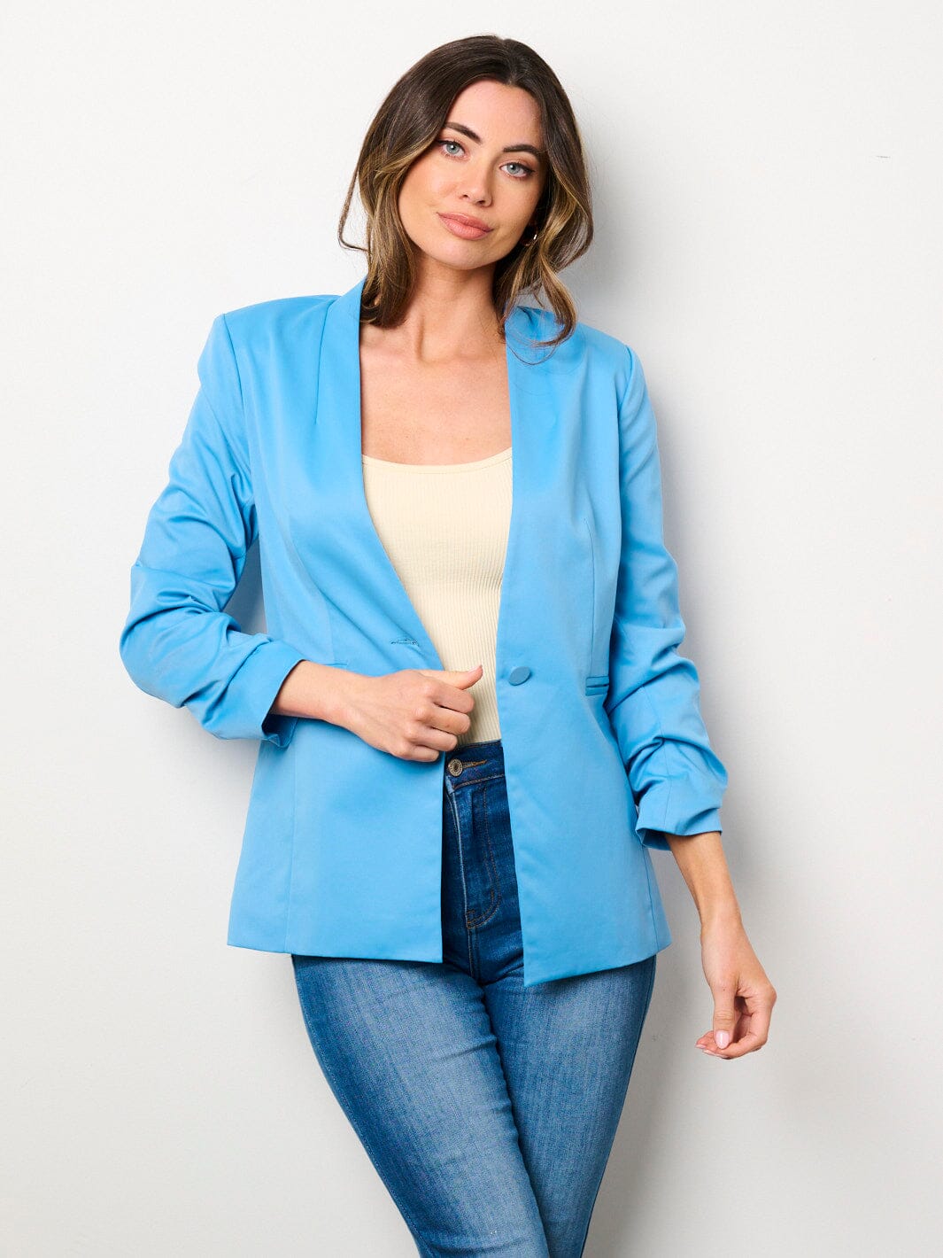WOMEN'S 3/4 RUCHED SLEEVES BUTTON CLOSURE POCKETS BLAZER
