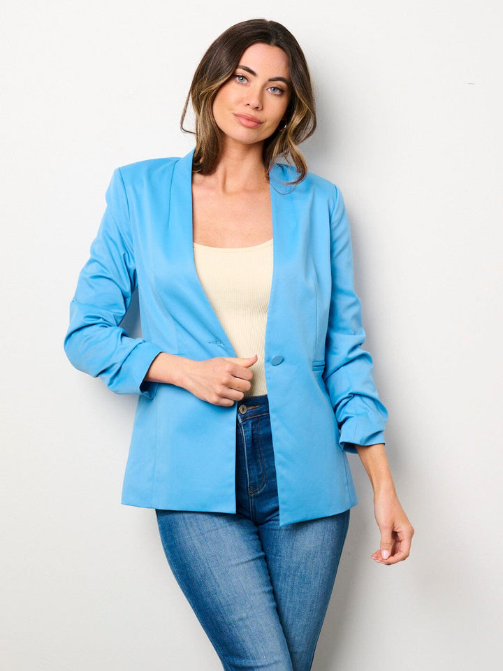 WOMEN'S 3/4 RUCHED SLEEVES BUTTON CLOSURE POCKETS BLAZER