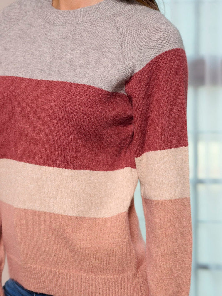 WOMEN'S LONG SLEEVE COLORBLOCK STRIPES PULLOVER SWEATER
