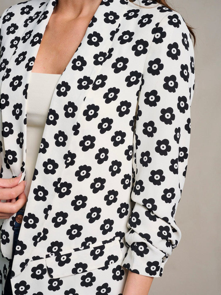 WOMEN'S 3/4 RUCHED SLEEVES OPEN FRONT FLORAL PRINT BLAZER