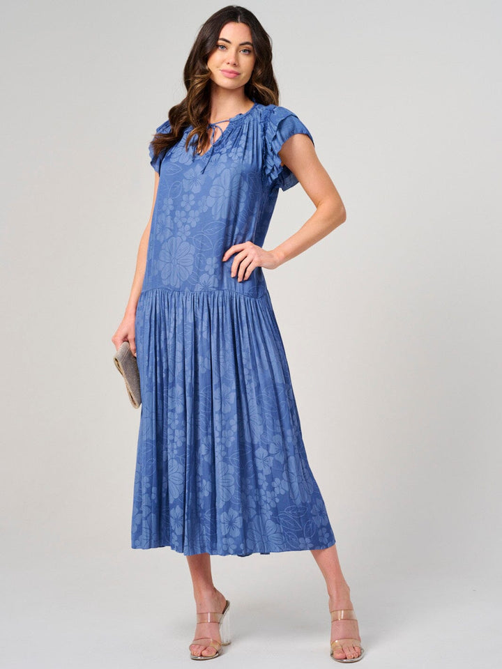 WOMEN'S RUFFLE SLEEVE V-NECK TIERED FLORAL PRINT MAXI DRESS