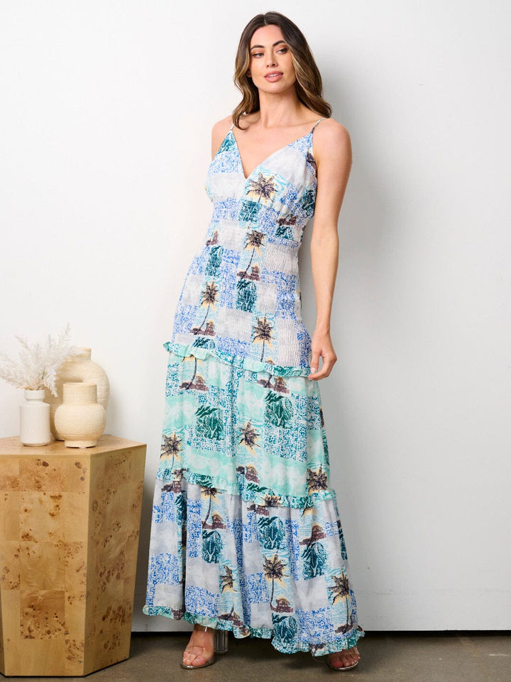 WOMEN'S SLEEVELESS V-NECK SMOCK FLORAL MAXI DRESS