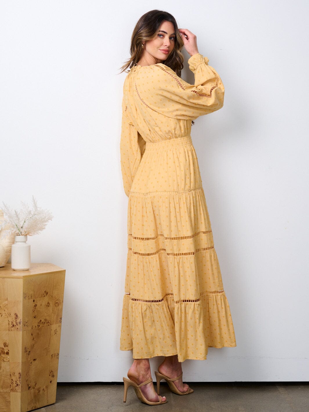 WOMEN'S LONG SLEEVE SMOCK WAIST SWISS DETAILED MAXI DRESS