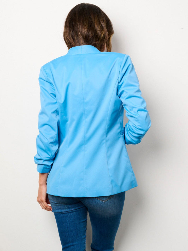 WOMEN'S 3/4 RUCHED SLEEVES BUTTON CLOSURE POCKETS BLAZER