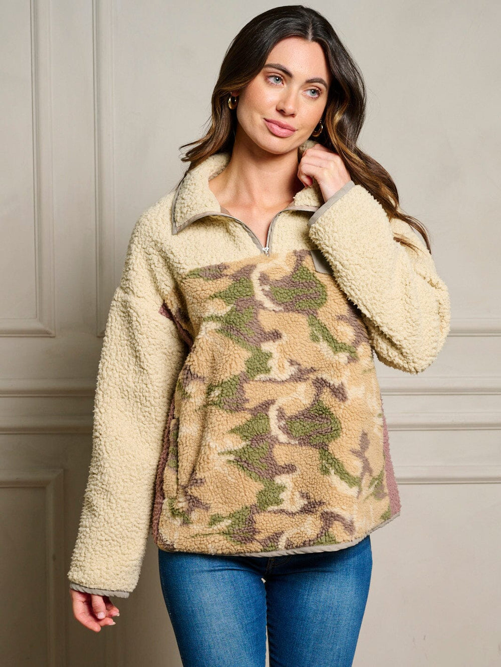 WOMEN'S LONG SLEEVE ZIP UP POCKETS CAMO PRINT PULLOVER SWEATER