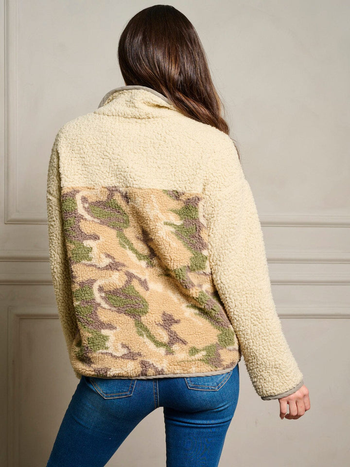 WOMEN'S LONG SLEEVE ZIP UP POCKETS CAMO PRINT PULLOVER SWEATER