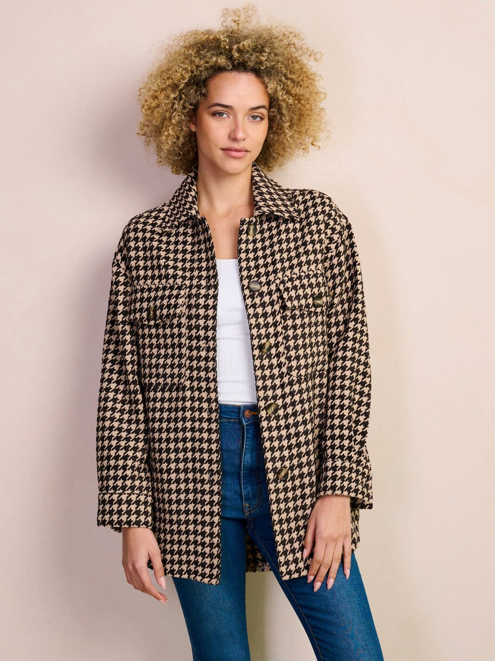 WOMEN'S LONG SLEEVE BUTTON UP POCKETS CHECKERS PRINT JACKET