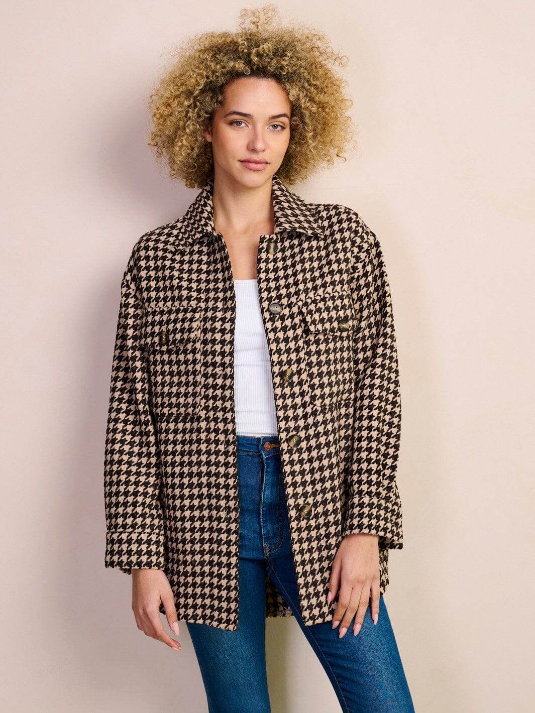 WOMEN'S LONG SLEEVE BUTTON UP POCKETS CHECKERS PRINT JACKET
