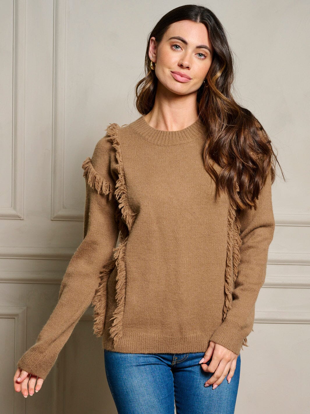 WOMEN'S LONG SLEEVE FRINGE TRIM PULLOVER SWEATER