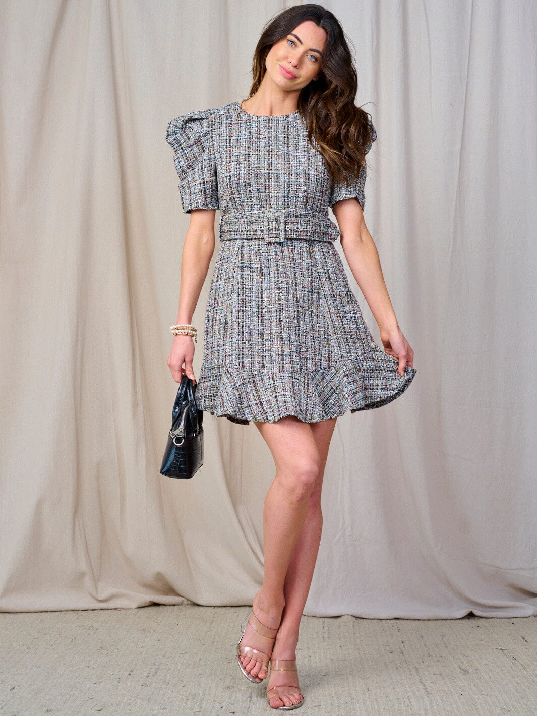 WOMEN'S SHORT PUFF SLEEVE BELTED DETAILED MINI DRESS