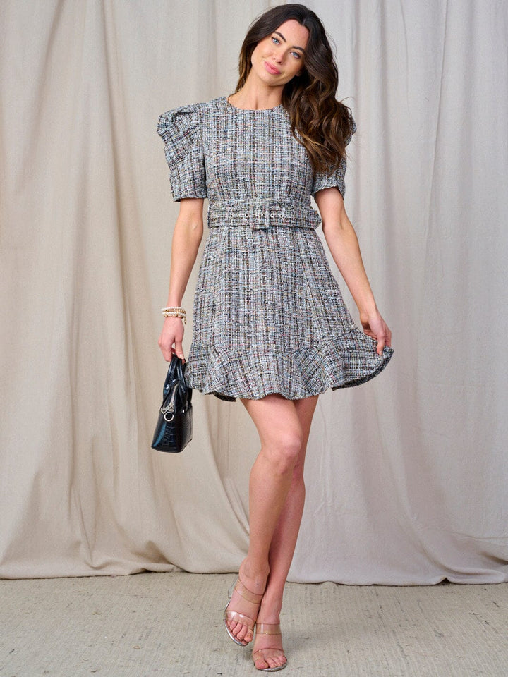 WOMEN'S SHORT PUFF SLEEVE BELTED DETAILED MINI DRESS