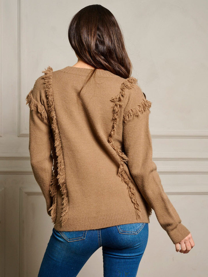 WOMEN'S LONG SLEEVE FRINGE TRIM PULLOVER SWEATER