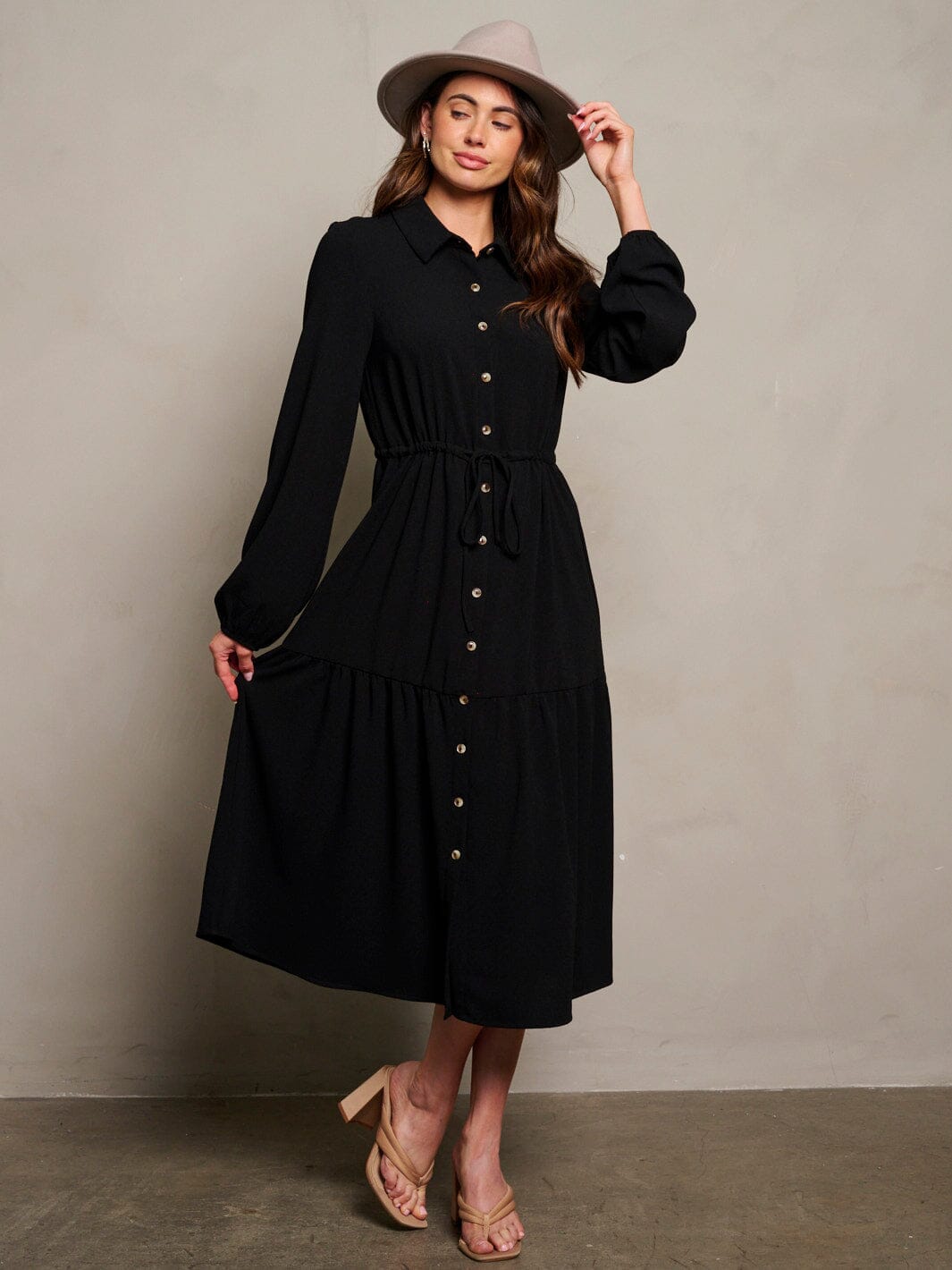 WOMEN'S LONG PUFF SLEEVE BUTTON UP MAXI DRESS