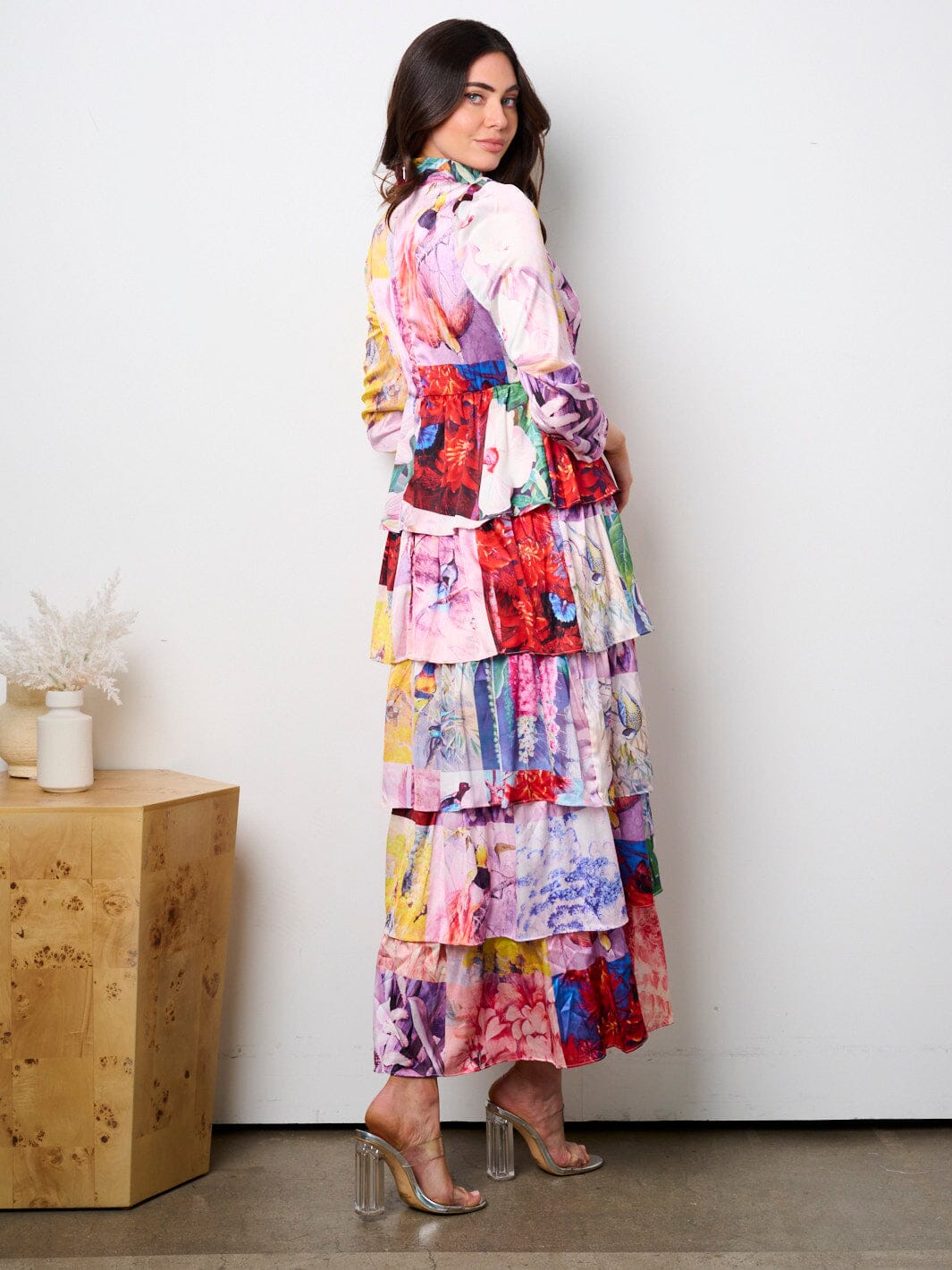 WOMEN'S 3/4 SLEEVE MOCK NECK TIERED MULTI PRINT MAXI DRESS