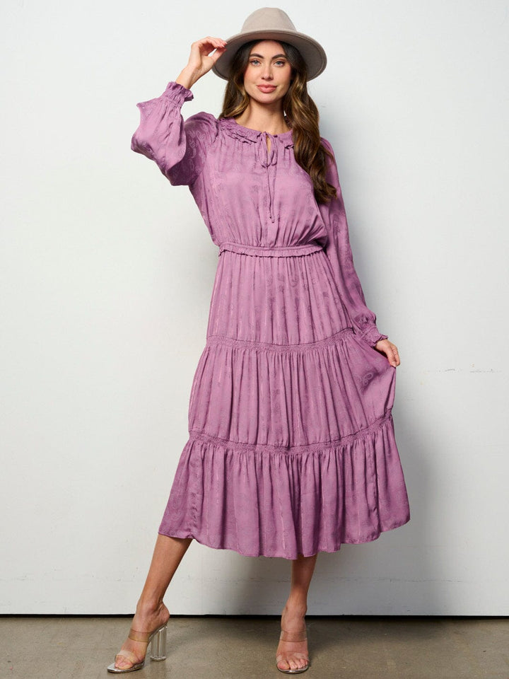 WOMEN'S LONG SLEEVE ELASTIC WAIST TIERED PAISLEY PRINT MAXI DRESS