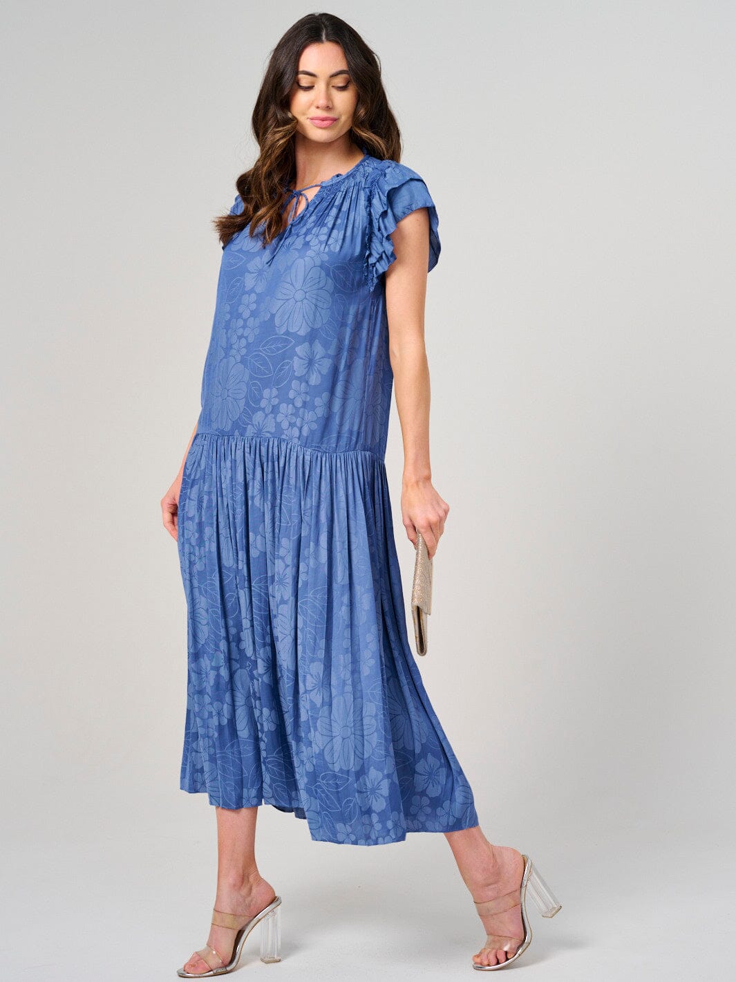 WOMEN'S RUFFLE SLEEVE V-NECK TIERED FLORAL PRINT MAXI DRESS