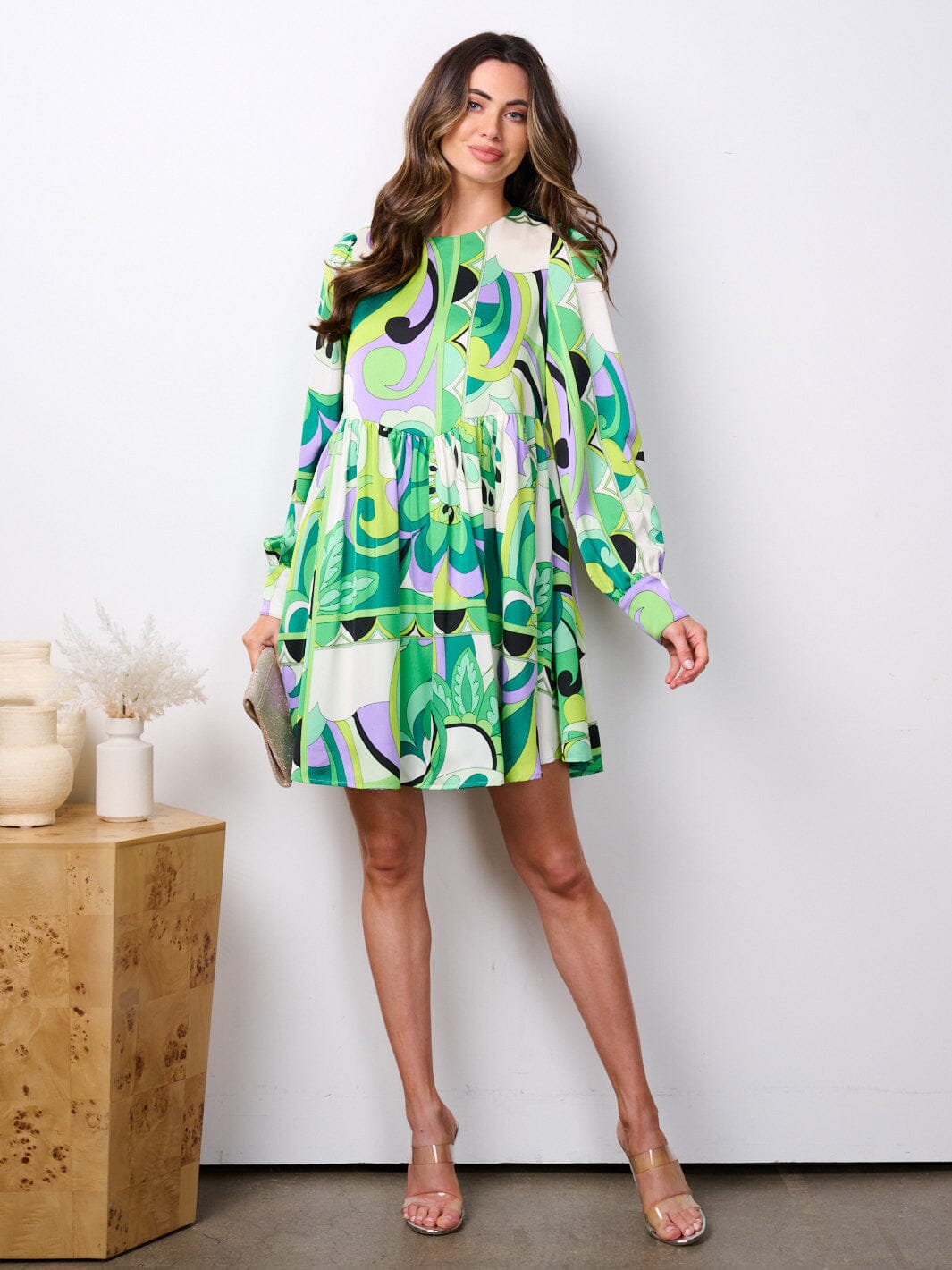 WOMEN'S LONG SLEEVE POCKETS MULTI PRINT TUNIC MINI DRESS