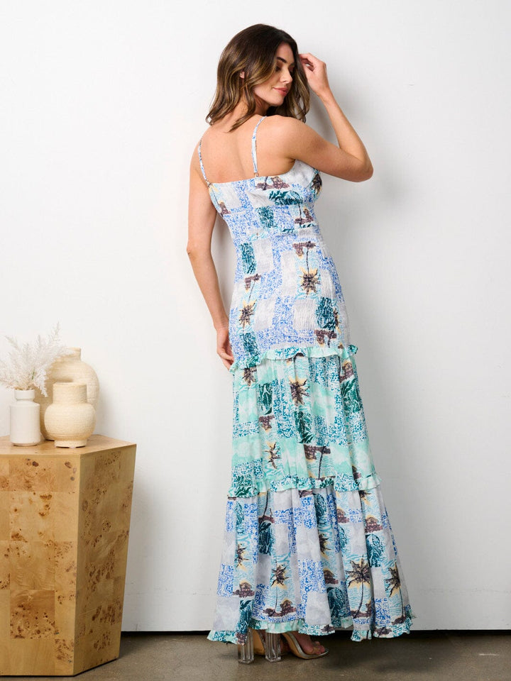 WOMEN'S SLEEVELESS V-NECK SMOCK FLORAL MAXI DRESS