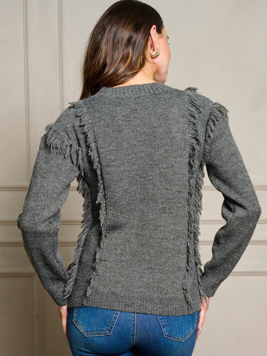 WOMEN'S LONG SLEEVE FRINGE TRIM PULLOVER SWEATER