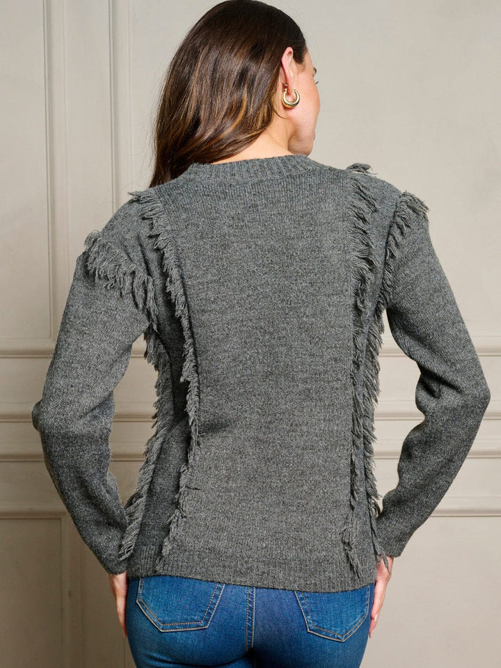WOMEN'S LONG SLEEVE FRINGE TRIM PULLOVER SWEATER