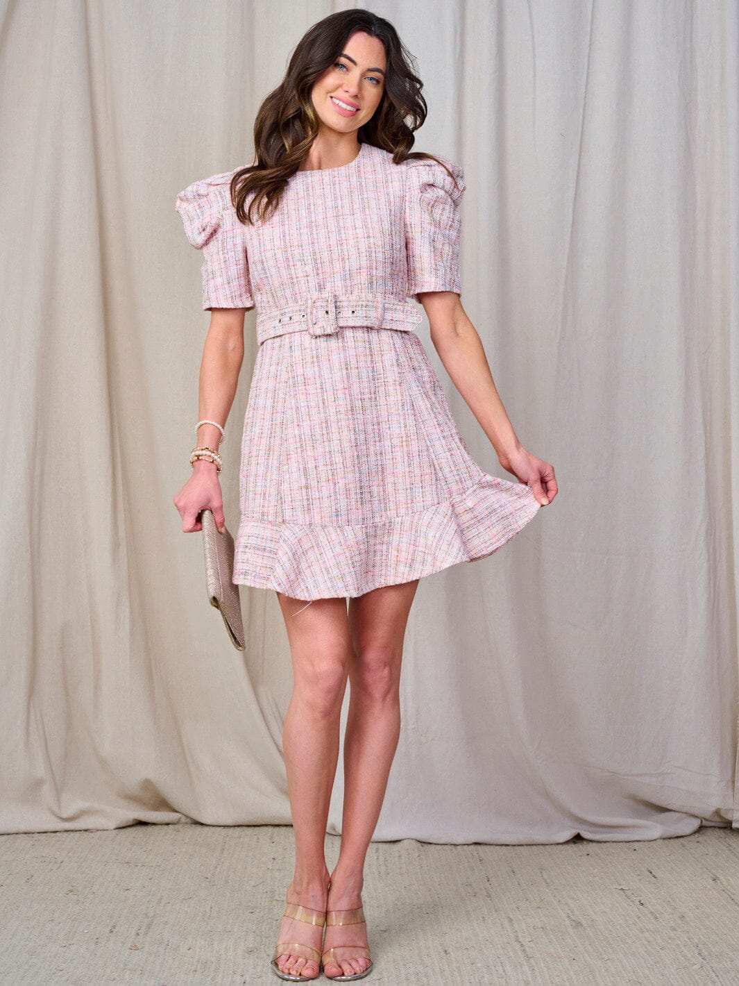 WOMEN'S SHORT PUFF SLEEVE BELTED DETAILED MINI DRESS