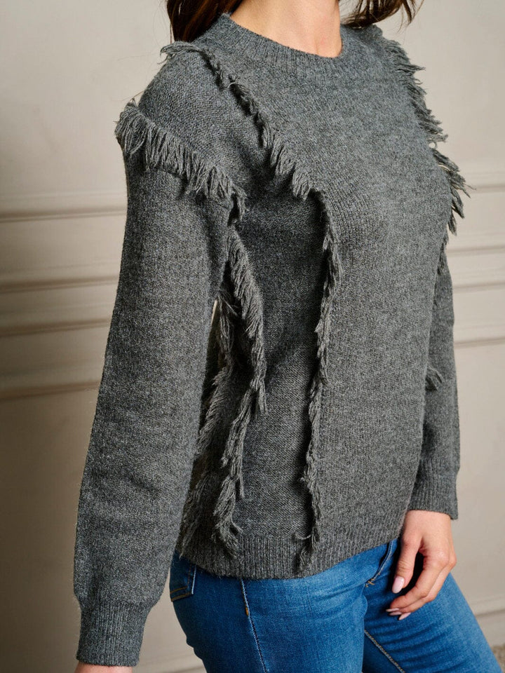 WOMEN'S LONG SLEEVE FRINGE TRIM PULLOVER SWEATER