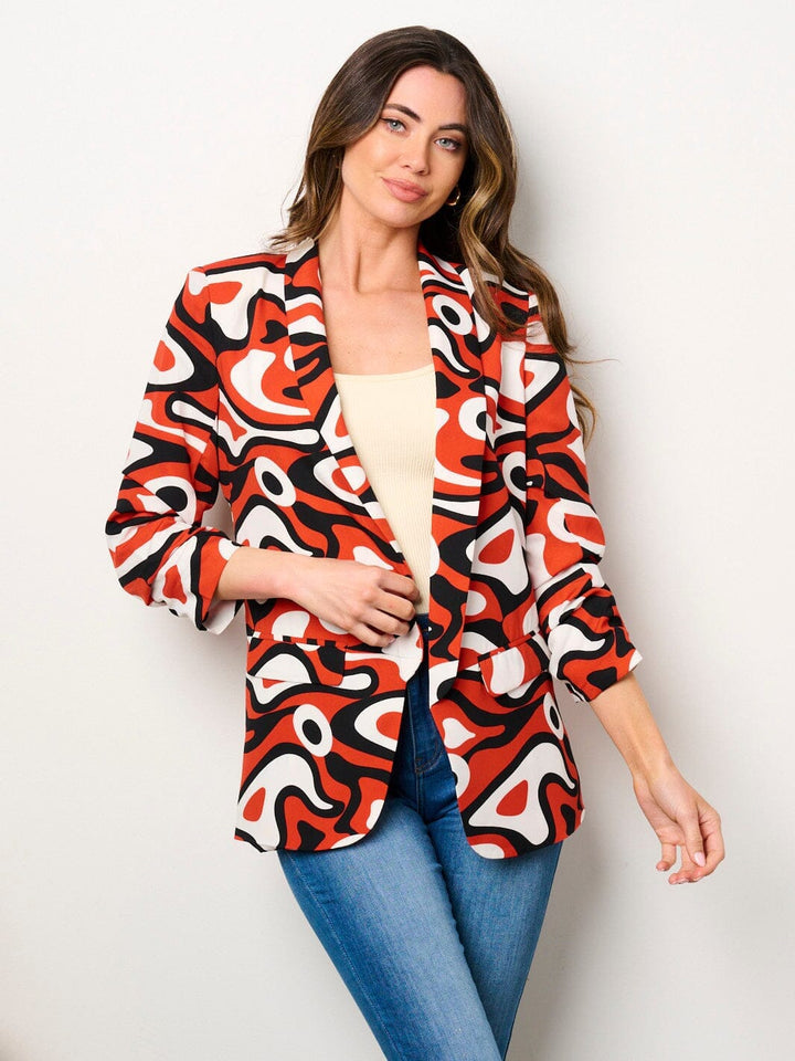 WOMEN'S 3/4 RUCHED SLEEVES OPEN FRONT POCKETS PRINTED BLAZER